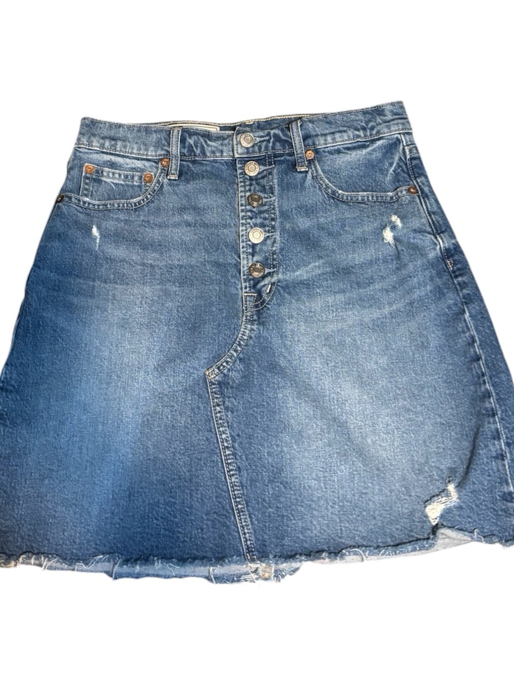 Gap Woman's 6 / 28 Denim Skirt Raw Hem High Waist Distressed Stretch Button Fly